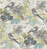 Jaybird Grey Aqua Peel & Stick Wallpaper with Birds Floral Watercolor Effect - PLS4215