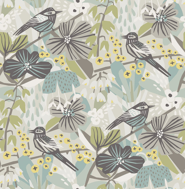 Jaybird Grey Aqua Peel & Stick Wallpaper with Birds Floral Watercolor Effect - PLS4215