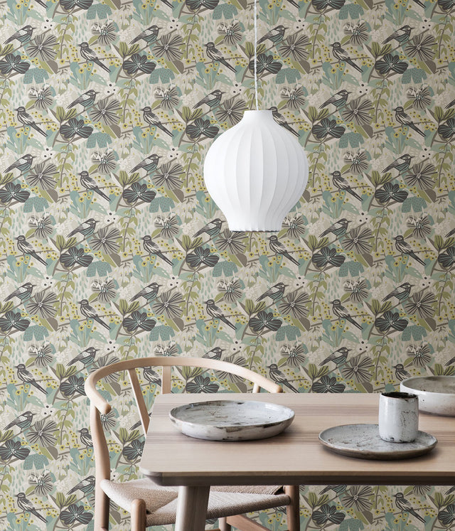 Jaybird Grey Aqua Peel & Stick Wallpaper with Birds Floral Watercolor Effect - PLS4215