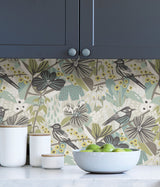 Jaybird Grey Aqua Peel & Stick Wallpaper with Birds Floral Watercolor Effect - PLS4215