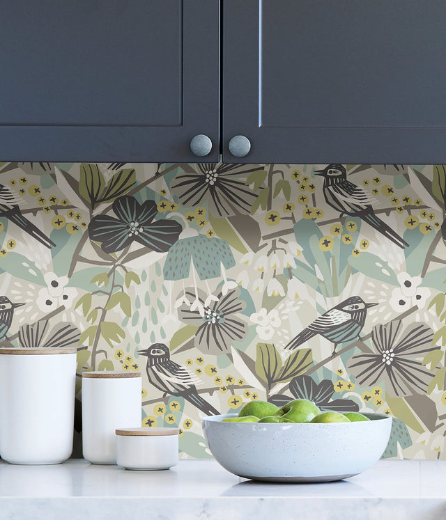 Jaybird Grey Aqua Peel & Stick Wallpaper with Birds Floral Watercolor Effect - PLS4215