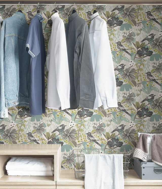 Jaybird Grey Aqua Peel & Stick Wallpaper with Birds Floral Watercolor Effect - PLS4215