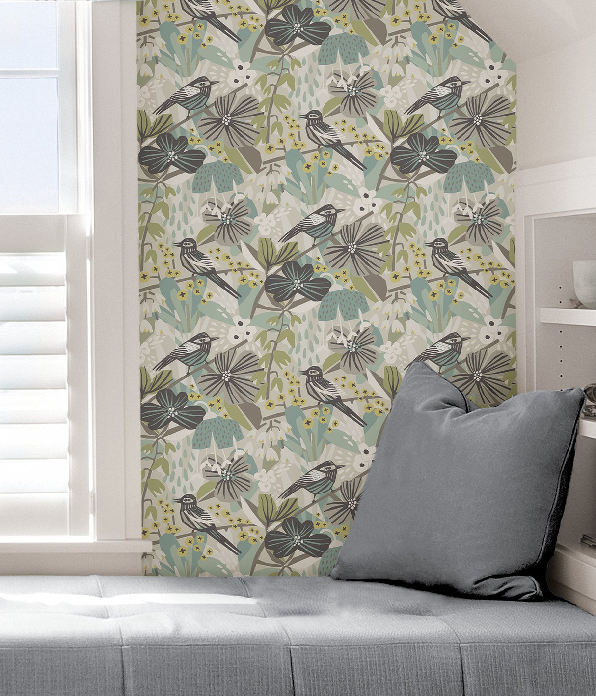 Jaybird Grey Aqua Peel & Stick Wallpaper with Birds Floral Watercolor Effect - PLS4215