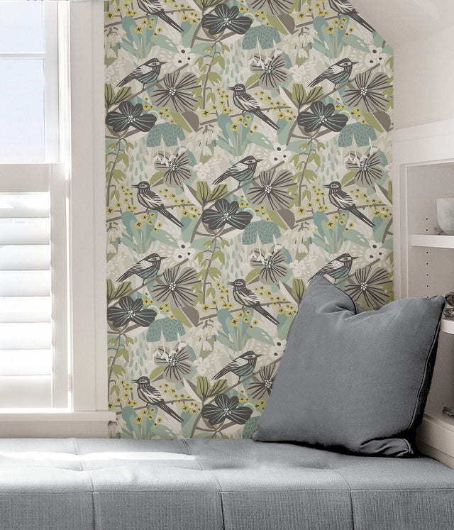 Jaybird Grey Aqua Peel & Stick Wallpaper with Birds Floral Watercolor Effect - PLS4215