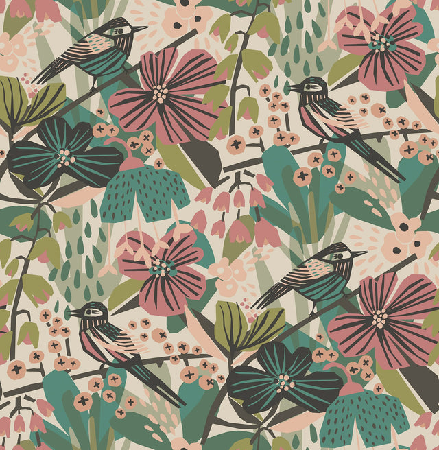Jaybird Teal Pink Peel & Stick Wallpaper with Bohemian Birds & Floral Pattern - Brewster PLS4216