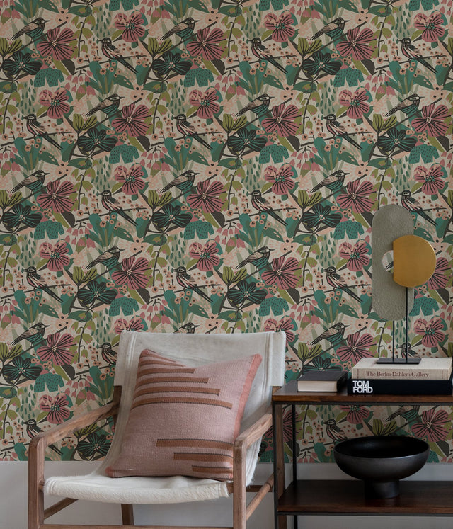 Jaybird Teal Pink Peel & Stick Wallpaper with Bohemian Birds & Floral Pattern - Brewster PLS4216