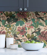 Jaybird Teal Pink Peel & Stick Wallpaper with Bohemian Birds & Floral Pattern - Brewster PLS4216