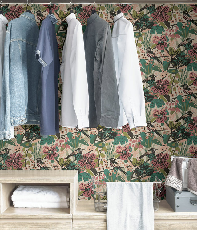 Jaybird Teal Pink Peel & Stick Wallpaper with Bohemian Birds & Floral Pattern - Brewster PLS4216