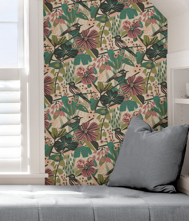 Jaybird Teal Pink Peel & Stick Wallpaper with Bohemian Birds & Floral Pattern - Brewster PLS4216