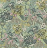 Jaybird Sage Peel & Stick Wallpaper with Floral Bird Pattern - Brewster PLS4217