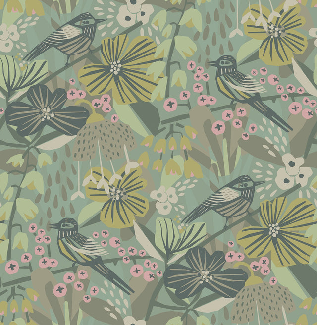 Jaybird Sage Peel & Stick Wallpaper with Floral Bird Pattern - Brewster PLS4217