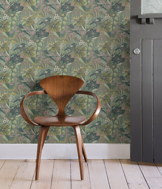 Jaybird Sage Peel & Stick Wallpaper with Floral Bird Pattern - Brewster PLS4217