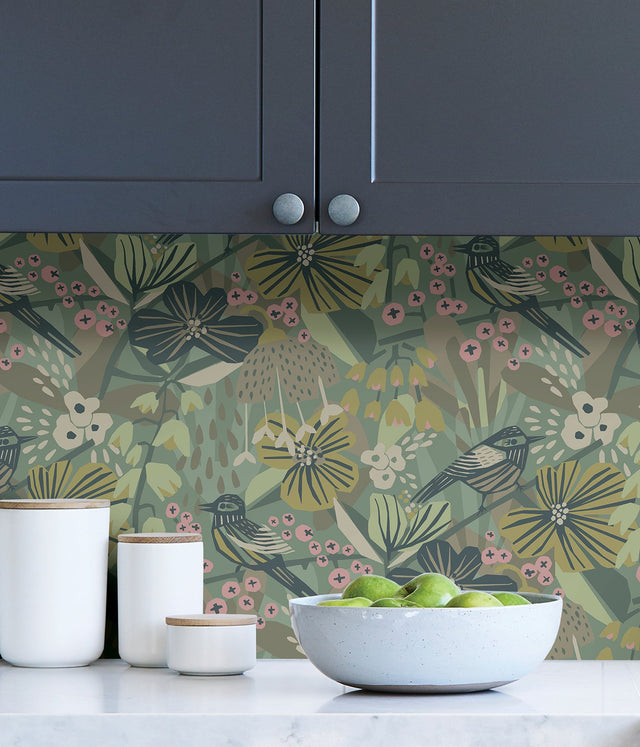 Jaybird Sage Peel & Stick Wallpaper with Floral Bird Pattern - Brewster PLS4217