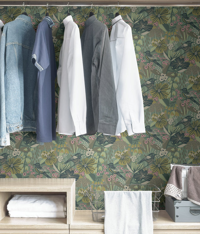 Jaybird Sage Peel & Stick Wallpaper with Floral Bird Pattern - Brewster PLS4217