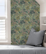 Jaybird Sage Peel & Stick Wallpaper with Floral Bird Pattern - Brewster PLS4217