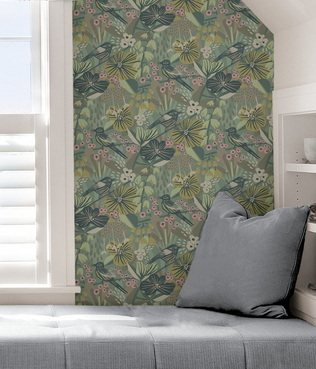 Jaybird Sage Peel & Stick Wallpaper with Floral Bird Pattern - Brewster PLS4217