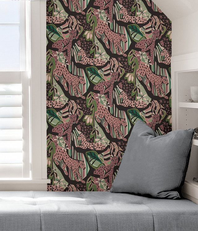 Cat Nap Plum Peel & Stick Wallpaper with Pink Cheetah Motif - PLS4218