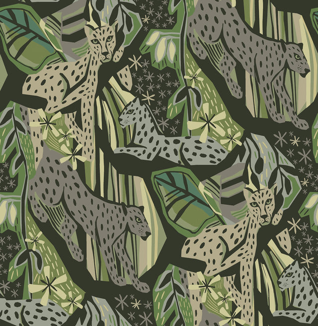Cat Nap Greens Peel & Stick Wallpaper with Illustrative Cheetah Motif - Brewster PLS4219