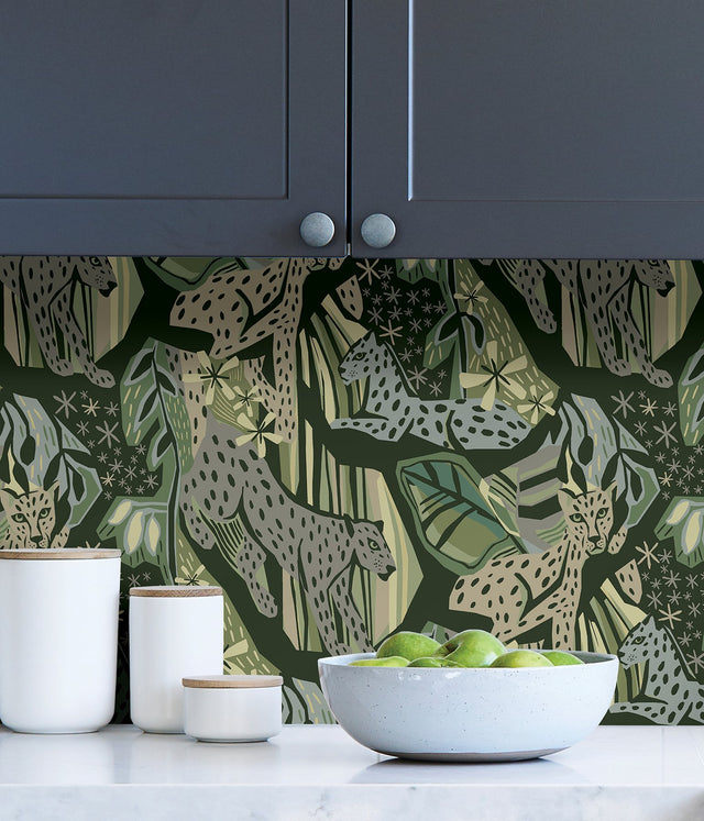 Cat Nap Greens Peel & Stick Wallpaper with Illustrative Cheetah Motif - Brewster PLS4219