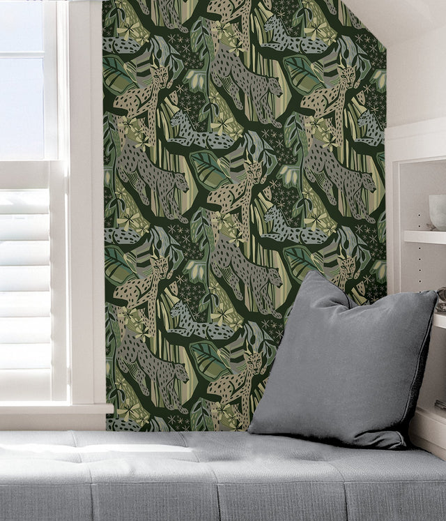 Cat Nap Greens Peel & Stick Wallpaper with Illustrative Cheetah Motif - Brewster PLS4219