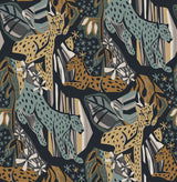 Cat Nap Navy Gold Peel & Stick Wallpaper with Illustrative Cheetah Motif - Brewster PLS4221