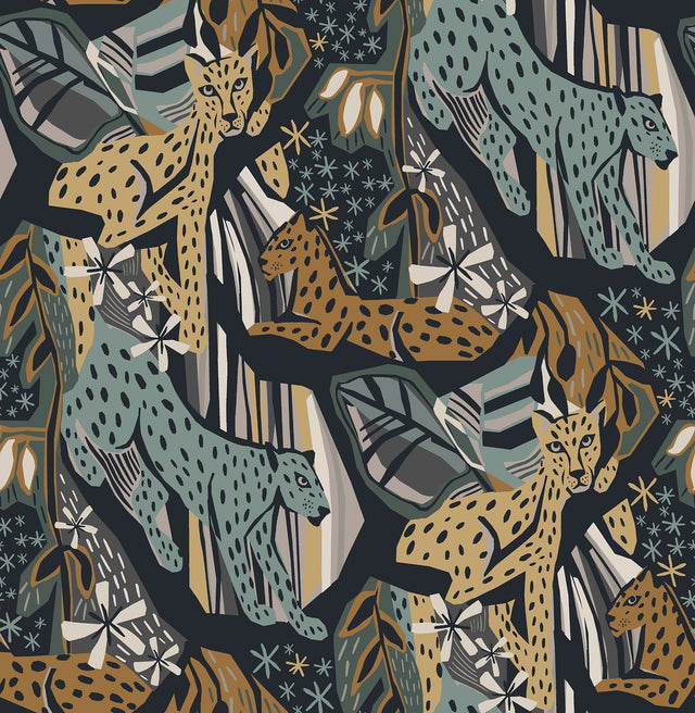 Cat Nap Navy Gold Peel & Stick Wallpaper with Illustrative Cheetah Motif - Brewster PLS4221