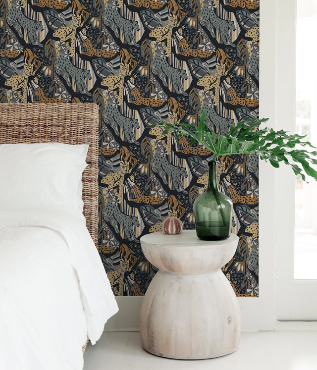 Cat Nap Navy Gold Peel & Stick Wallpaper with Illustrative Cheetah Motif - Brewster PLS4221