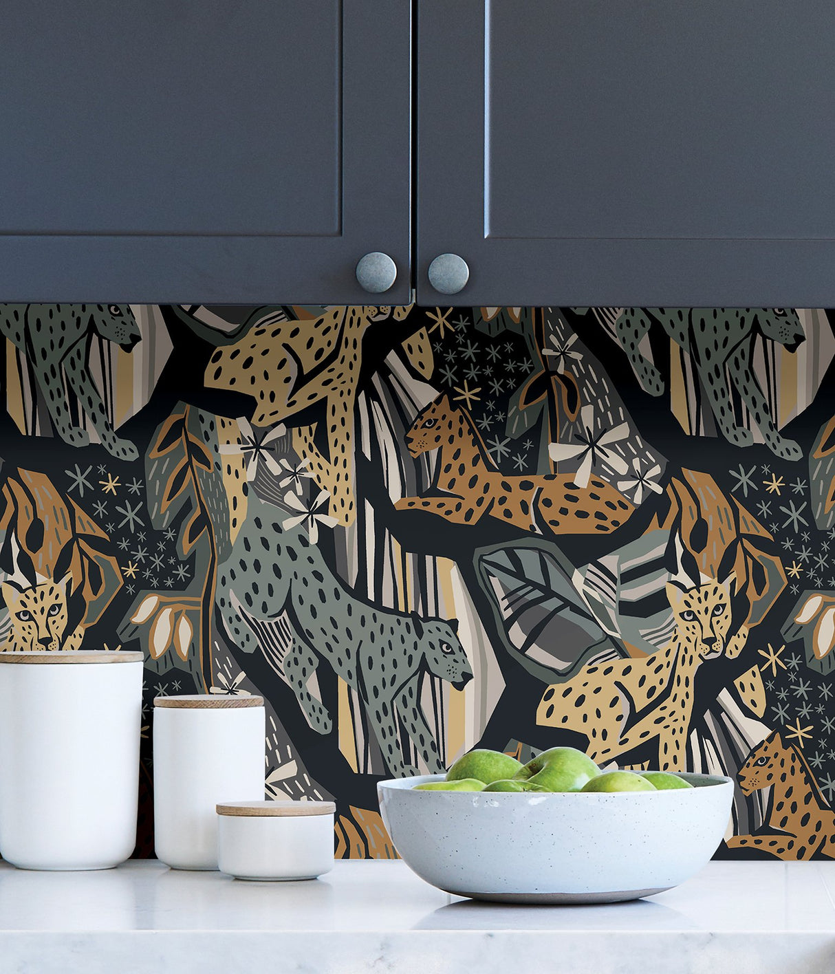 Cat Nap Navy Gold Peel & Stick Wallpaper with Illustrative Cheetah Motif - Brewster PLS4221