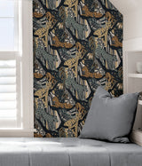 Cat Nap Navy Gold Peel & Stick Wallpaper with Illustrative Cheetah Motif - Brewster PLS4221