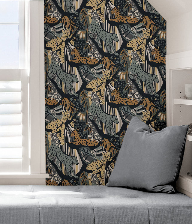 Cat Nap Navy Gold Peel & Stick Wallpaper with Illustrative Cheetah Motif - Brewster PLS4221