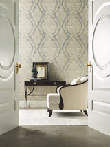 Charleston Damask Silver Wallpaper with Classic Acanthus Medallion Pattern - York PM9309