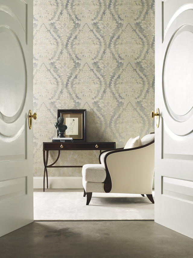 Charleston Damask Silver Wallpaper with Classic Acanthus Medallion Pattern - York PM9309