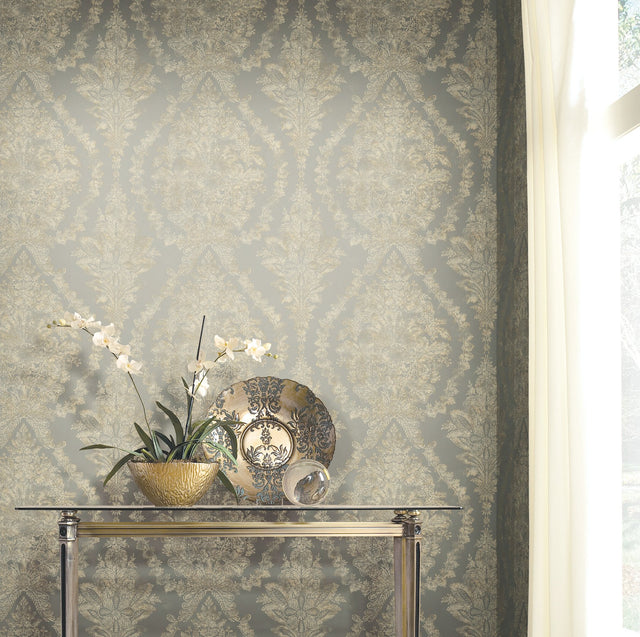 Charleston Damask Silver Wallpaper with Classic Acanthus Medallion Pattern - York PM9309
