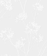 Off-white paintable peel and stick floral wallpaper with delicate dandelion field silhouettes, matte finish