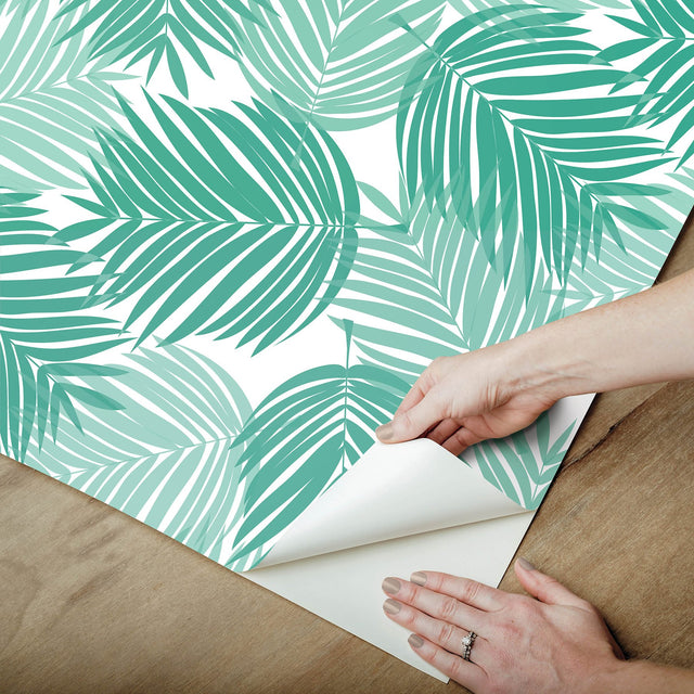 Stay Palm Leaf Teal Peel & Stick Wallpaper with Tropical Botanical Leaf Pattern - PP4697
