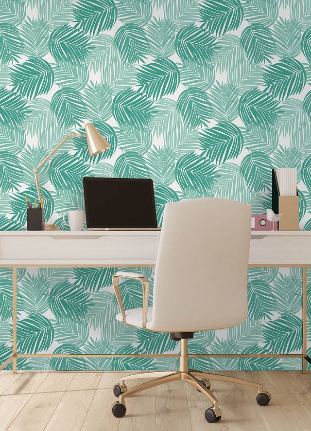 Stay Palm Leaf Teal Peel & Stick Wallpaper with Tropical Botanical Leaf Pattern - PP4697