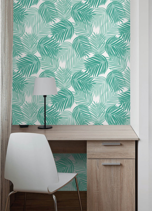 Stay Palm Leaf Teal Peel & Stick Wallpaper with Tropical Botanical Leaf Pattern - PP4697