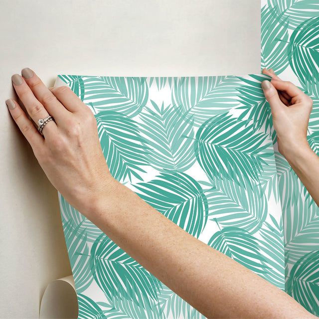 Stay Palm Leaf Teal Peel & Stick Wallpaper with Tropical Botanical Leaf Pattern - PP4697