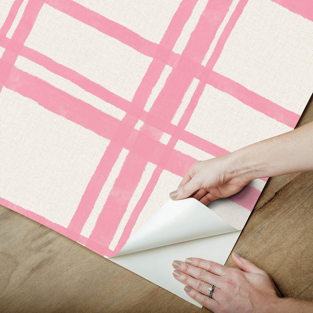 Plaid Think Pink Geometric Peel & Stick Wallpaper with Modern Graphic Plaid Pattern - NuWallpaper PP4706