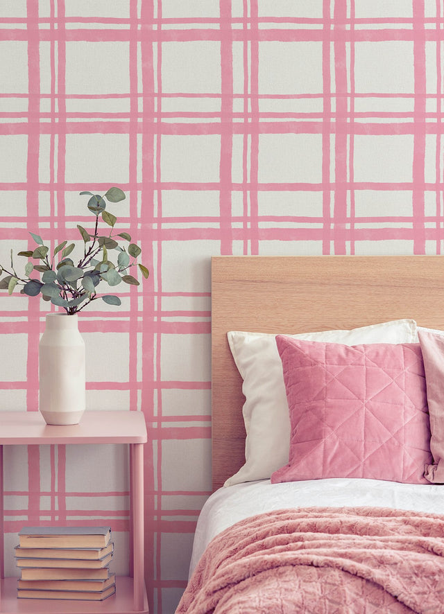 Plaid Think Pink Geometric Peel & Stick Wallpaper with Modern Graphic Plaid Pattern - NuWallpaper PP4706