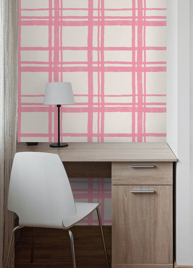 Plaid Think Pink Geometric Peel & Stick Wallpaper with Modern Graphic Plaid Pattern - NuWallpaper PP4706