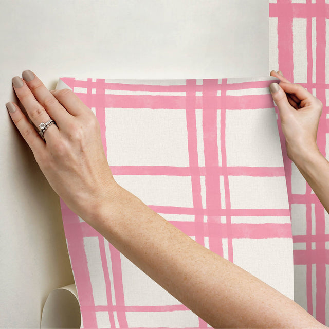 Plaid Think Pink Geometric Peel & Stick Wallpaper with Modern Graphic Plaid Pattern - NuWallpaper PP4706