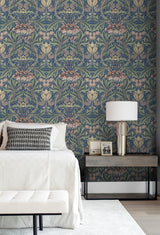 Acanthus Floral Denim Blue & Salmon by Prepasted Online Matte Vintage Floral Wallpaper – Seabrook Designs PR10002