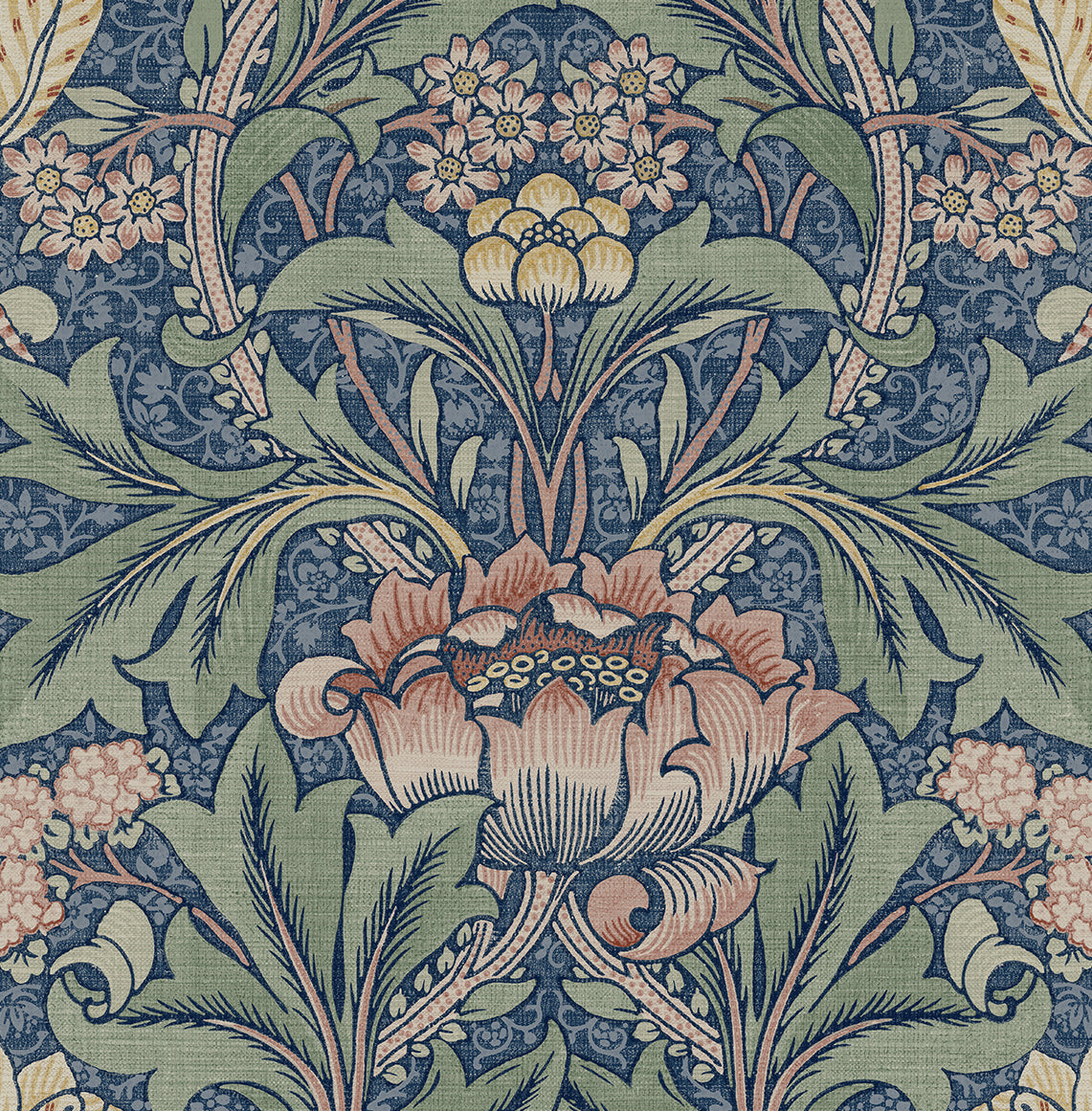 Acanthus floral vintage wallpaper in denim blue with salmon and green botanical motifs