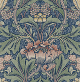 Acanthus floral vintage wallpaper in denim blue with salmon and green botanical motifs