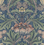 Acanthus floral vintage wallpaper in denim blue with salmon and green botanical motifs