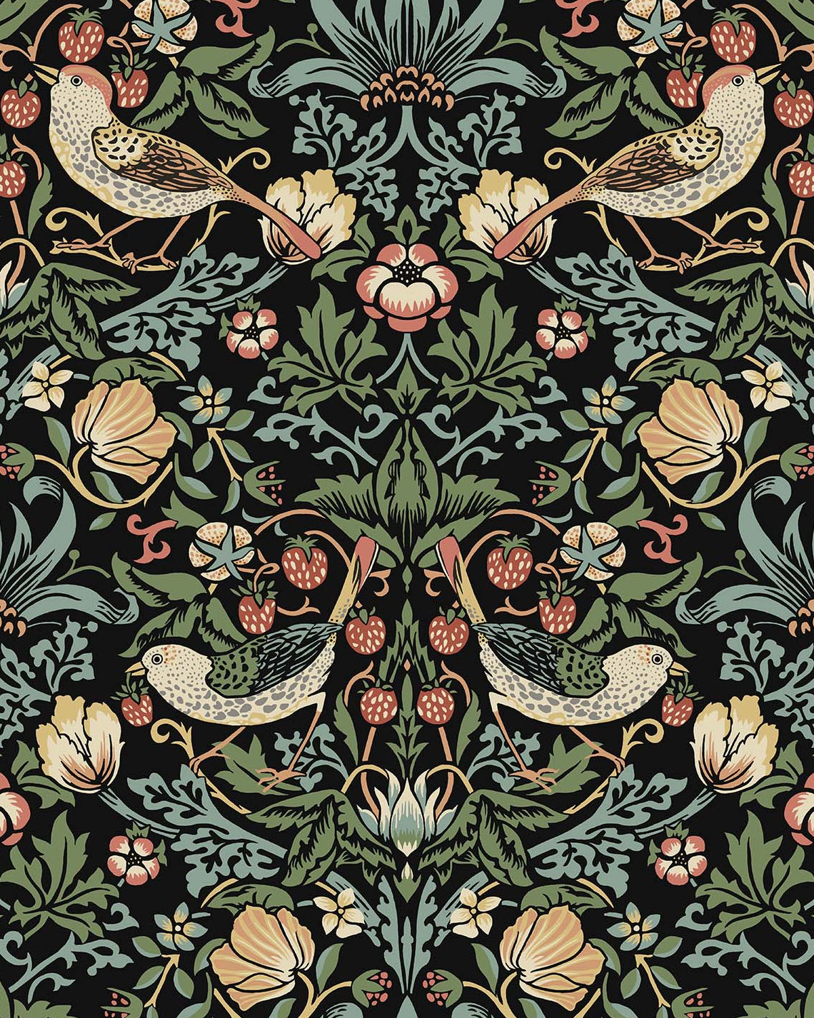 Fragaria Garden wallpaper in Ebony featuring vintage birds, flowers, and strawberries