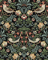 Fragaria Garden wallpaper in Ebony featuring vintage birds, flowers, and strawberries