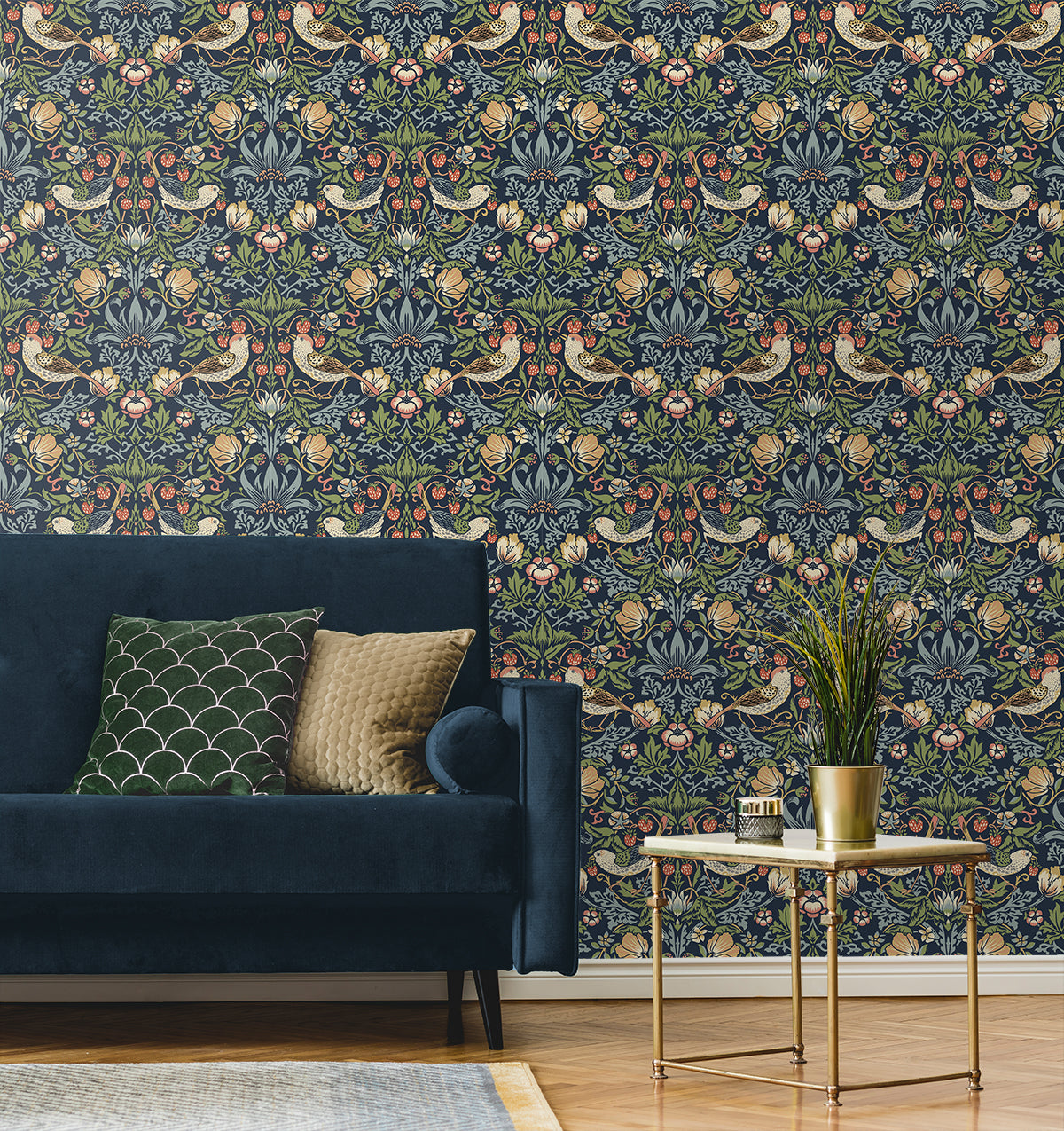 Fragaria Garden Midnight Blue by Prepasted Online Vintage Bird & Strawberry Wallpaper – Seabrook Designs PR10102