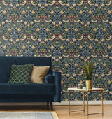 Fragaria Garden Midnight Blue by Prepasted Online Vintage Bird & Strawberry Wallpaper – Seabrook Designs PR10102